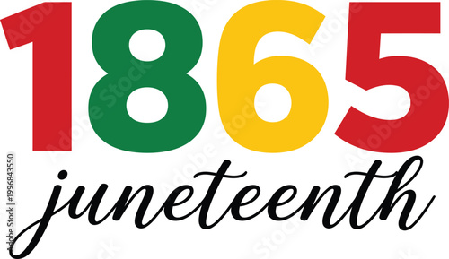 Juneteenth celebration with 1865 date in red, green, yellow, and black text on white background