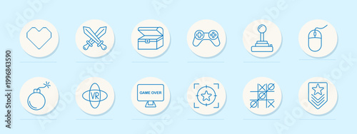 Gaming set icon. Line pack with pixel heart, crossed swords, treasure chest, gamepad, joystick, mouse, bomb, virtual reality, game over screen, target star, tic tac toe grid, rank badge