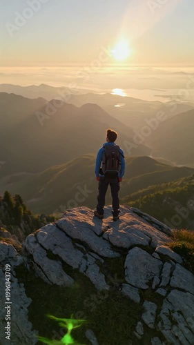 Hiker with backpack on rocky peak watching sunrise over mountains, vertical footage