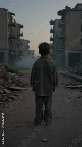 Child standing in destroyed city street with damaged buildings, vertical footage