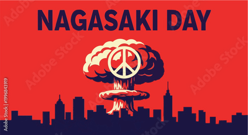 Obraz na plátne Nuclear explosion with peace sign over city skyline in bold red and dark blue co
