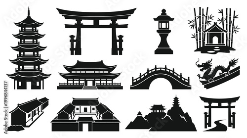 Black  White Icons of Asian Architecture, Dragon, and Nature
