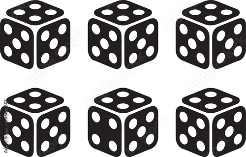 Six black gambling dice icons collection for leisure game activities.