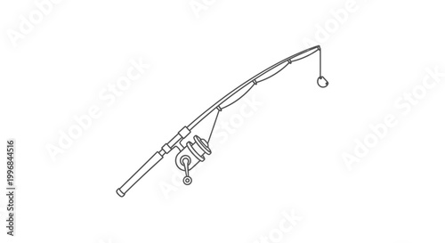 Fishing rod with reel, simple line drawing, isolated on white background.