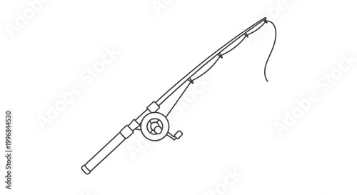 Minimalist fishing rod and reel icon on white background, simple line art illustration