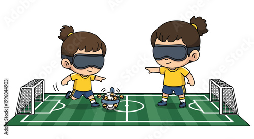 Two blindfolded children play soccer together.