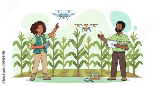 Modern agronomists using drones and digital tablets for precision crop monitoring and analysis in a cornfield