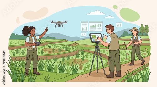 Diverse team of agricultural researchers using drone and data technology for smart farming in rice terrace fields