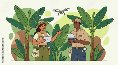 Environmental Researchers Using Drone and Tablet for Plant Monitoring in Tropical Jungle Flat Vector Illustration