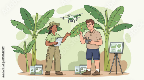 Agricultural researchers using drone technology and digital tablet for smart crop monitoring and disease detection on a banana plantation.