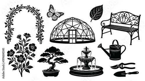 Gardening Black  White Silhouette Icons Set: Garden Tools, Plants, Greenhouse, Bench, Fountain