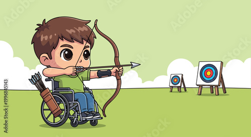 Young archer in wheelchair aiming bow and arrow.