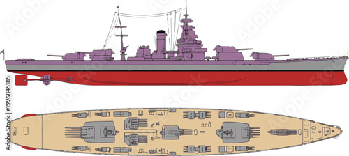 Warship illustration top and side view battleship blueprint.