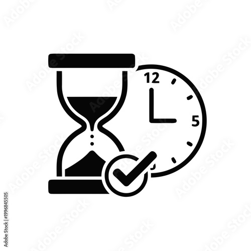 Hourglass with clock and checklist.