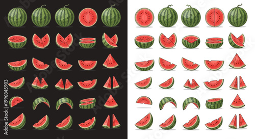 Collection of watermelon slices and whole fruits on black and white backgrounds.