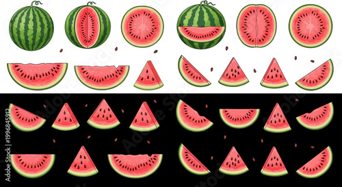 Collection of watermelon slices and whole fruits.