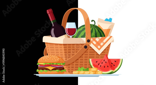 A colorful picnic basket with food.