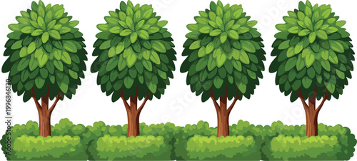 Cartoon green trees row with dense foliage and bushes illustrating garden landscaping, park decoration, and stylized nature vector illustration