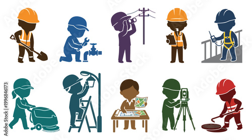 Industrial  Construction Engineering Workers Cute Glyph Character Icons Set