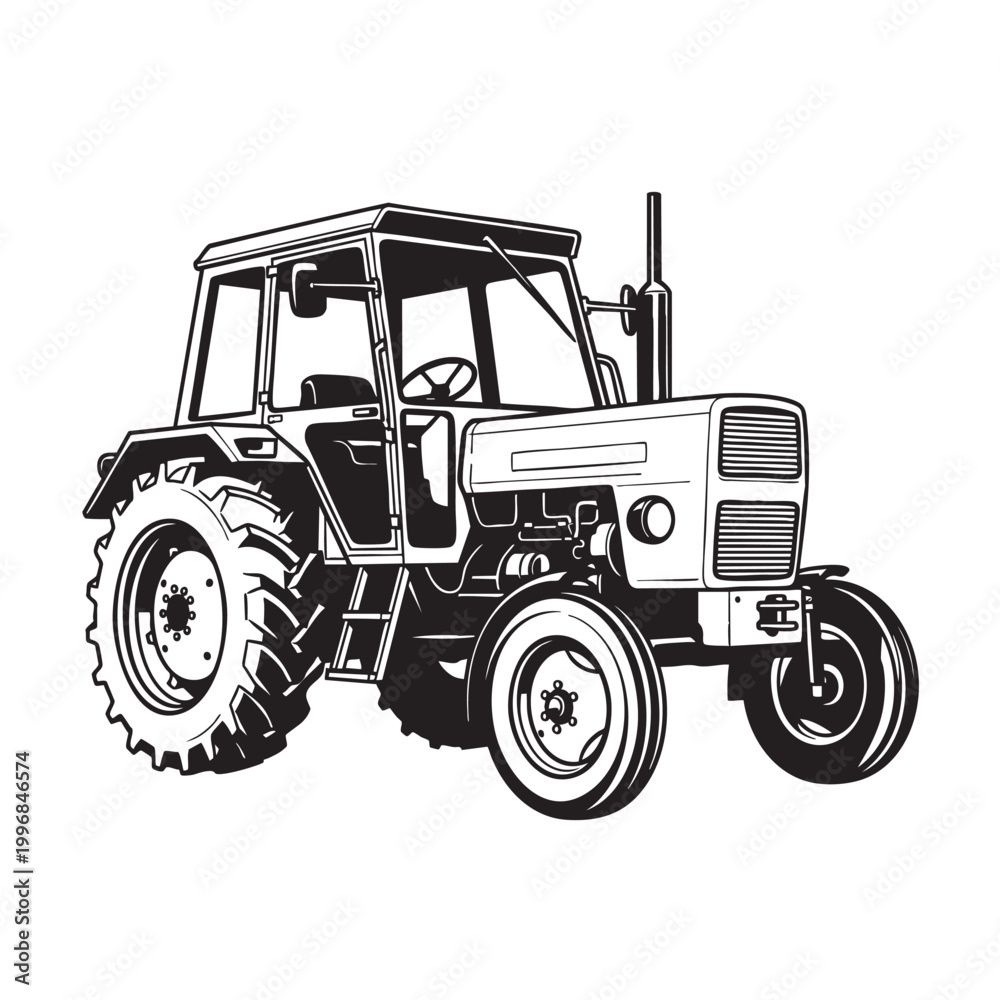 Obraz premium Classic Farm Tractor in Side Profile — Vintage Agricultural Machinery Ink Drawing Vector Art