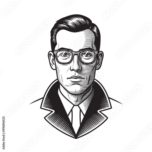 Composed Intellectual Man in Glasses and Blazer — Distinguished Thinker Portrait Ink Drawing Vector