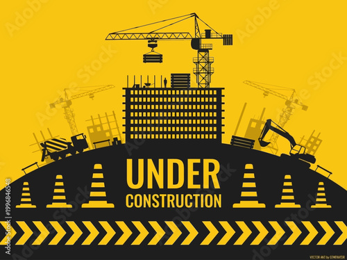 Flat vector illustration of a construction site with cranes, buildings, and traffic cones, representing development and progress