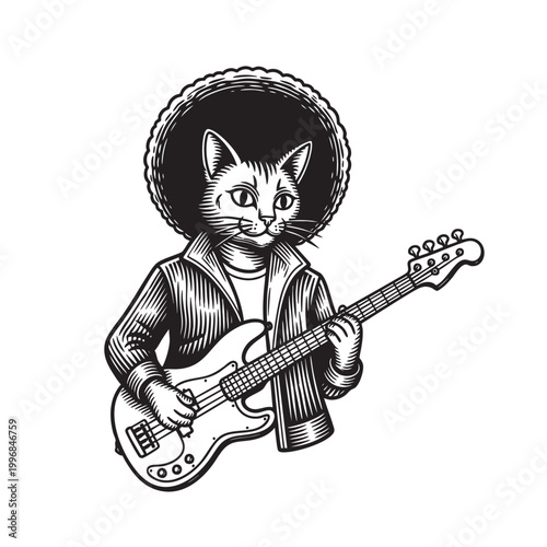 Suave Cat in Leather Jacket Playing Electric Guitar — Rock Musician Animal Character Ink Vector Art
