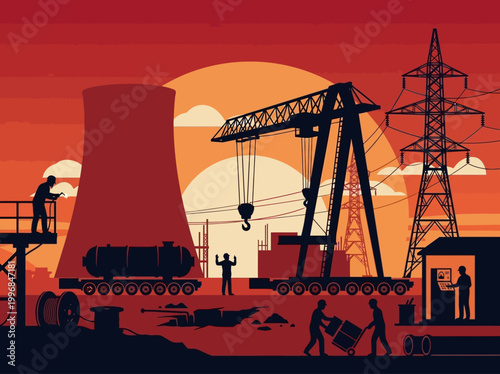 Industrial construction vector illustration of power plant and heavy machinery in silhouette