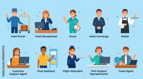 Diverse Professions and Service Industry Jobs Flat Vector Illustration
