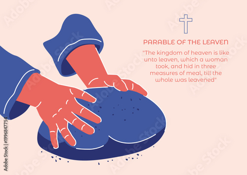 Minimalist Vector Illustration of the Parable of the Leaven with Biblical Verse and Hands Kneading Dough