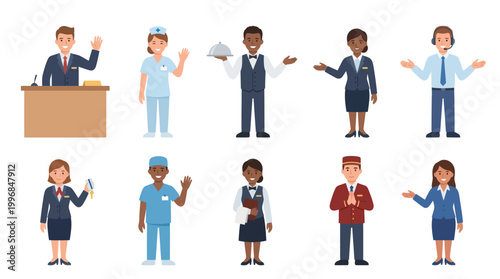 Diverse Professionals Waving and Gesturing in Flat Vector Style