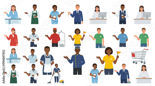 Flat Vector Icons of Hotel and Service Staff with Luggage Cart