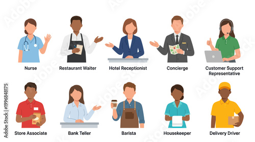 Diverse Flat Vector Characters: Service Industry Professionals  Occupations Set
