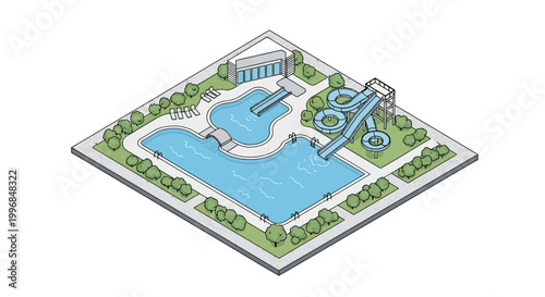 Isometric illustration showcasing a water park's layout with pools, slides, and greenery, presented in a clean, minimalist style against a white background, creating a bright and inviting
