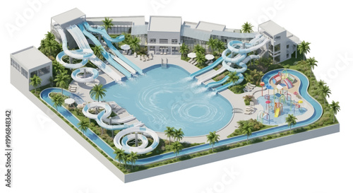 Isometric aerial view of a water park resort showcasing winding blue slides emptying into a large pool, with white buildings and lush green landscaping, rendered in a bright, cheerful style