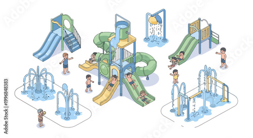 Isometric illustration of children playing on various water park structures with slides and fountains, presented against a plain white background, creating a playful and vibrant composition
