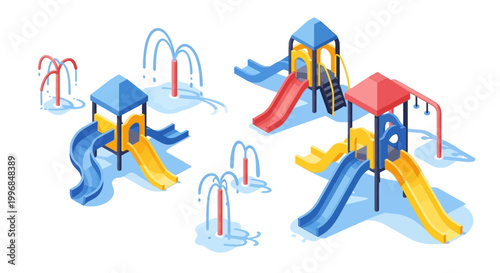 Isometric vector illustration showcasing several playground slides and water fountains arranged on a white background, rendered in a bright and cheerful style with vibrant blue, yellow