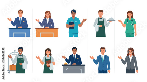 Flat Vector Set of Diverse Service Industry Professionals  Customer Service Avatars