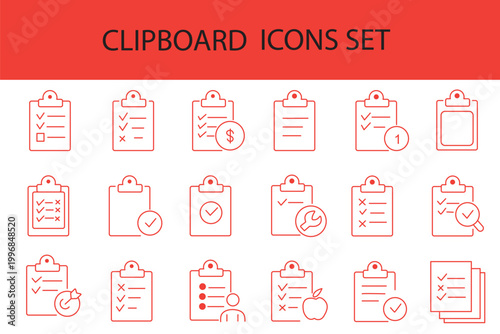 Clipboard icons set. Paper documents sign. File, document symbol. Linear black icon collection. Flat vector design. Editable stroke. For apps, website, business, infographic, ...