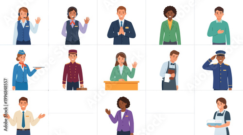 Flat Design Service Industry Professionals Characters Set: Hospitality, Customer Service  Diverse Jobs