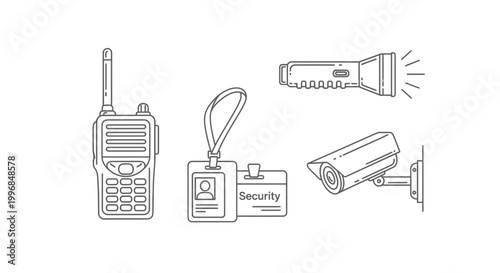 Security equipment: walkie-talkie, id badge, flashlight, surveillance camera. Vector illustration.