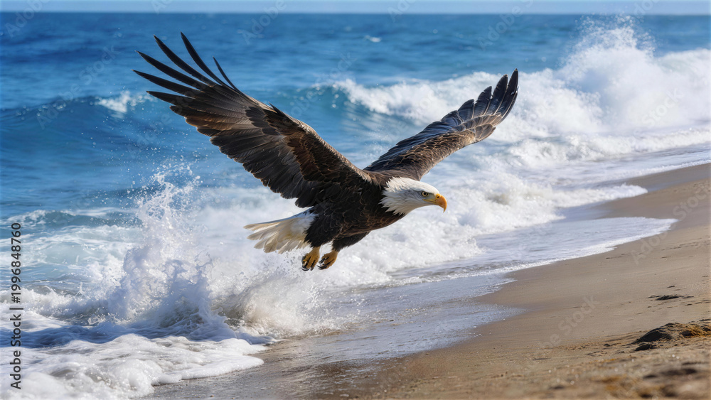 Naklejka premium Majestic Eagle in Flight Over Ocean: A bald eagle soars gracefully above the glistening ocean, its wings spread wide against a backdrop of crashing waves and golden sand.