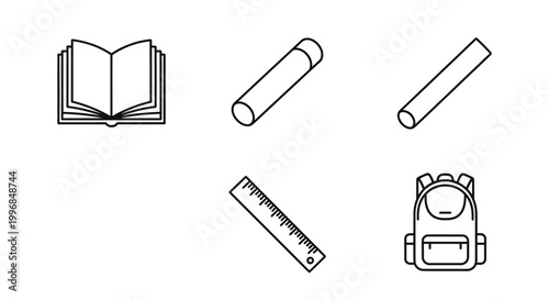 Open book, backpack, ruler, chalk icons set - education and school supplies vector illustration