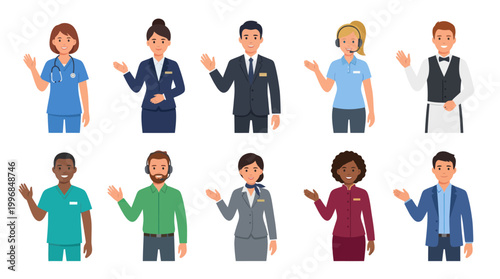 Diverse professionals in flat style, conveying welcome and service