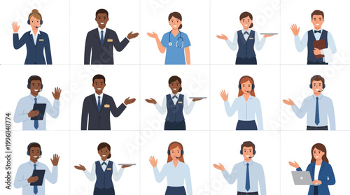 Diverse professionals in business, healthcare, and hospitality wearing uniforms