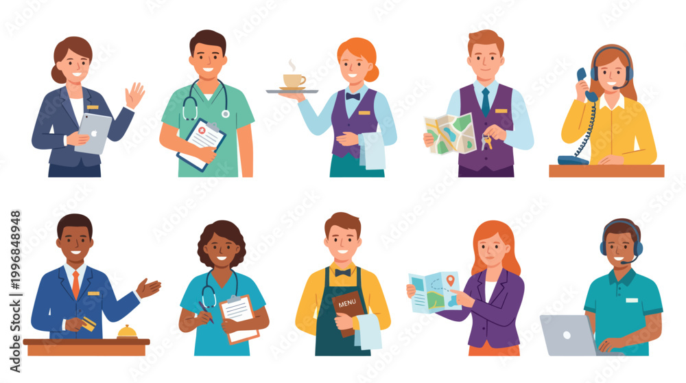 Fototapeta premium Diverse Professionals: Staff in Hospitality, Medical, Service, and Business Flat Art