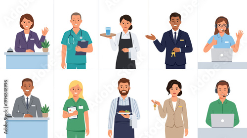 Flat Design Diverse Professionals at Work: Healthcare, Hospitality, Service