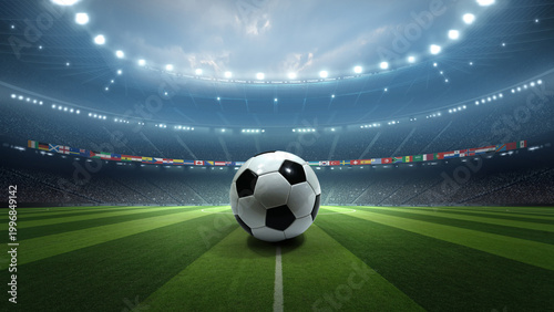 Foto Soccer ball on the pitch with national flags in stadium at night