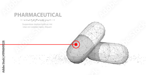 Pills. Abstract 3d closeup illustration two capsule pills with red line isolated on white background. Medical pharmacy, health, vitamin, antibiotic pharmaceutical, treatment concept