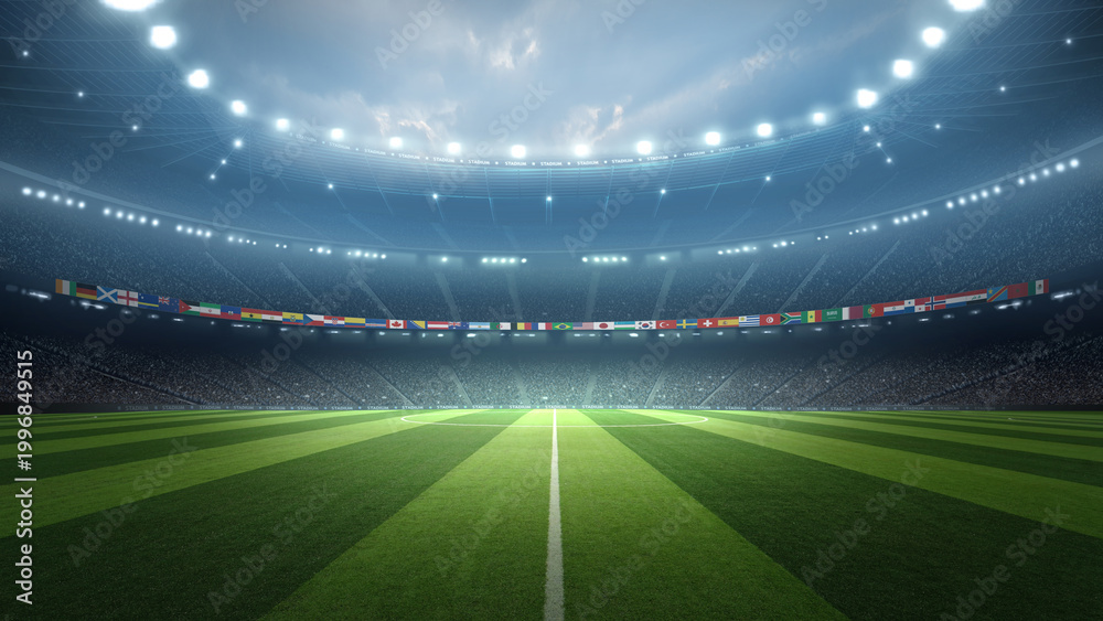 Fototapeta premium National flags in football stadium at night. An imaginary stadium is modelled and rendered.